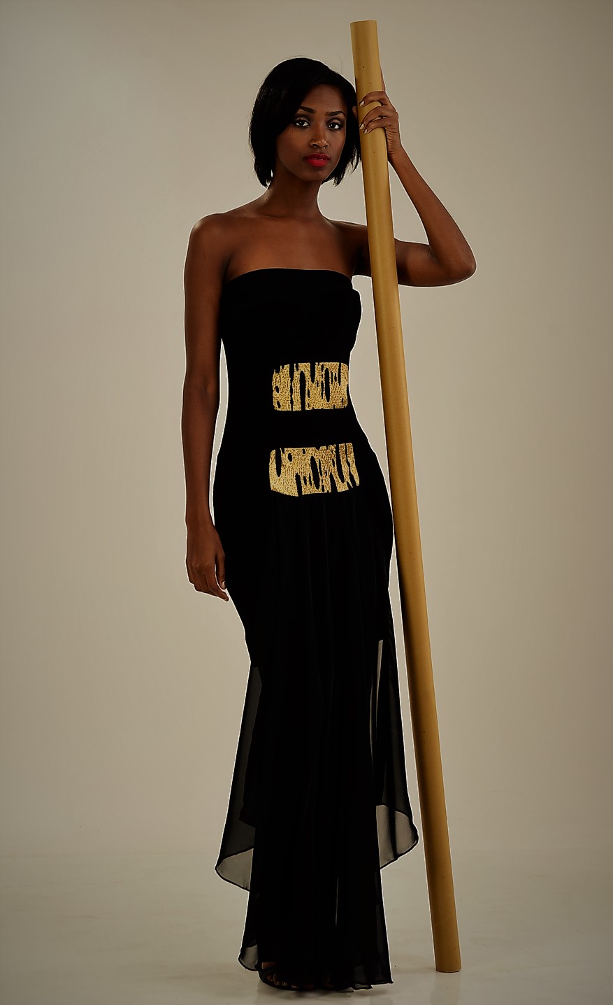 Lynda Osbone black & gold cowl chiffon dress A