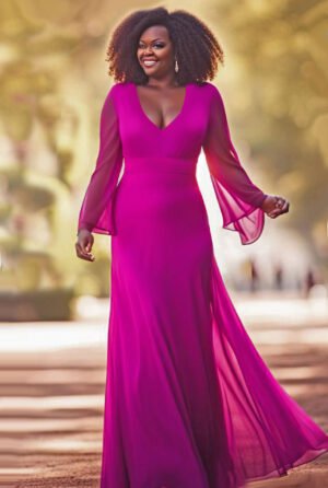 Long magenta lined chiffon dress with wide v-neck.