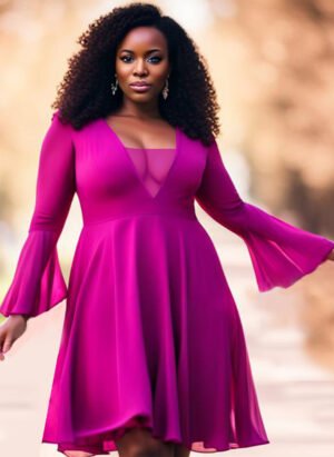 V-neck magenta long-sleeved dress
