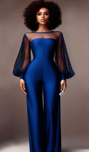Jumpsuit with sheer sleeves and yoke.