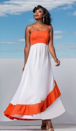Maxi layered white & orange dress with empire cut
