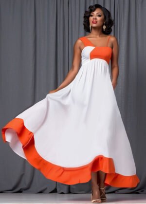 Empire cotton block dress with hem frill
