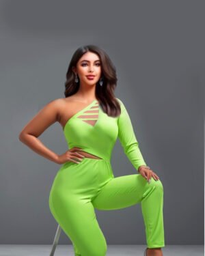 Lime green stretch knit jumpsuit with peek-a-boo midriff and one-sleeve