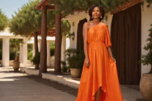 Orange peep-shoulder cotton dress LBO-L-025