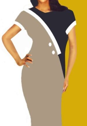 Model in Black and tan 2-tone office dress with maguire white-trimmed sleeves
