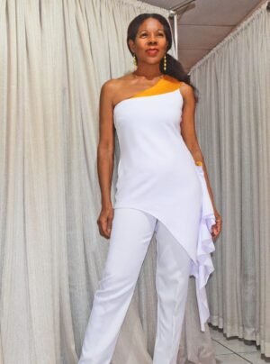 Asymmetrical one-shoulder frill-side pantset