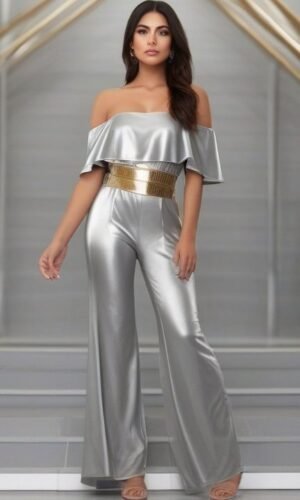 Frilled-Off-shoulder metallic jumpsuit with gold belt