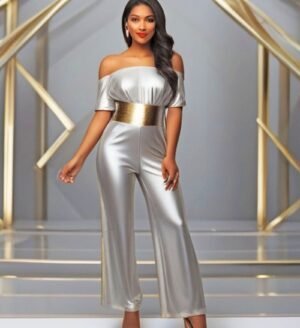 Silver short-sleeved off-shoulder jumpsuit w large gold belt
