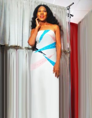 White strapless cotton-linen dress with beaded 1riangle inserts