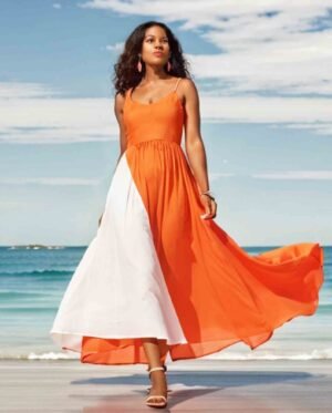 Color-block diagonal gathered skirt strap dress LBO-L-021