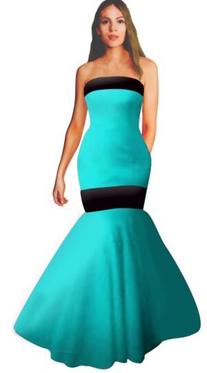 Lady in aqua strapless flounce-tail dress