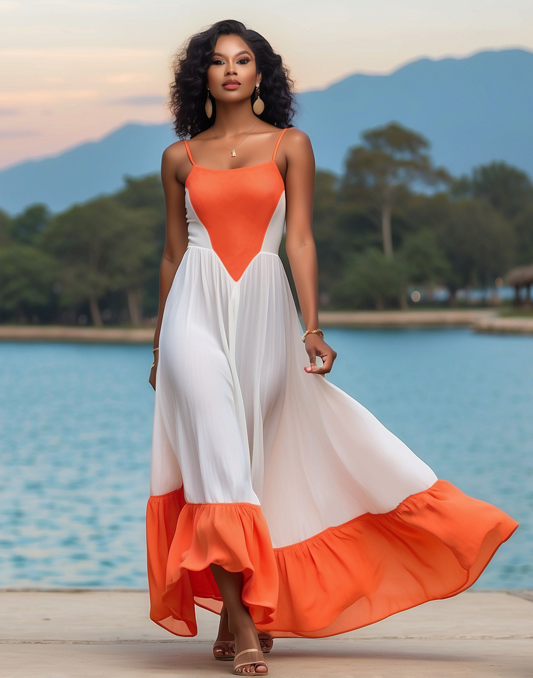 Long orange strap sun dress with ruffle hemline