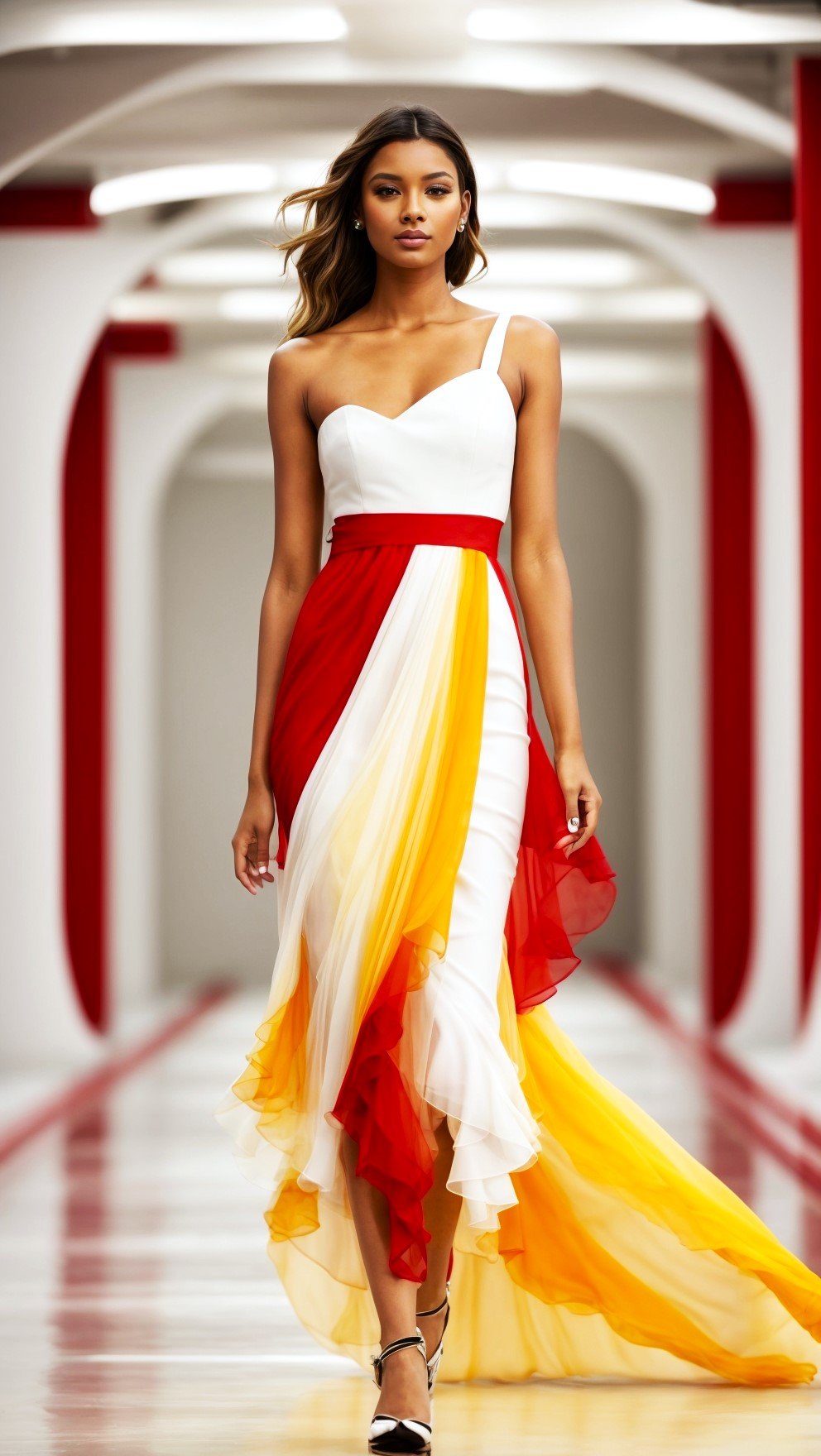 White Chiffon dress with red and yellow and asymmetrical neckline