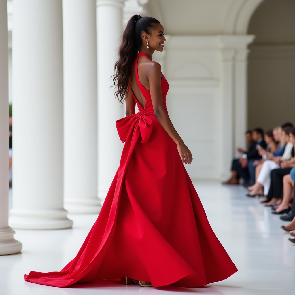 Eco-friendly gown with low back and a large bow